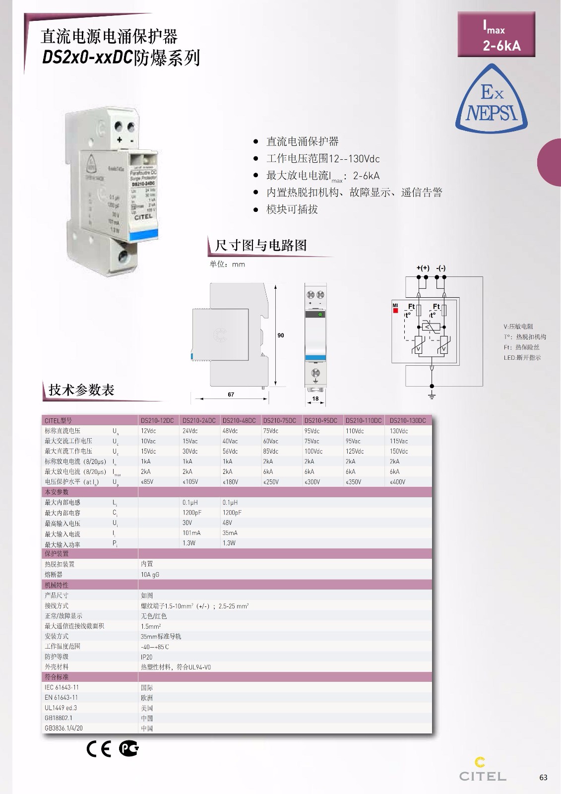 直流防雷器DS50PV-1000-30系列技術參數、規格尺寸